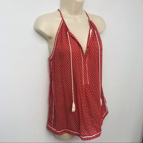 Joe Fresh Red White Tribal Print Boho Style Racerback Top Tassel Front TIe - Picture 16 of 16